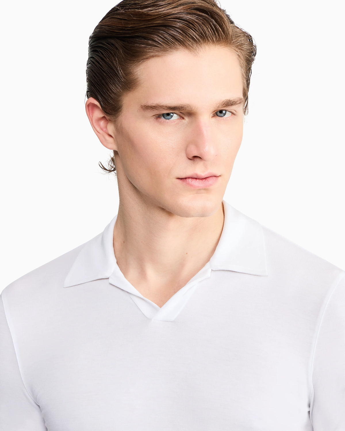 Stretch polo in viscose jersey with buttonless collar