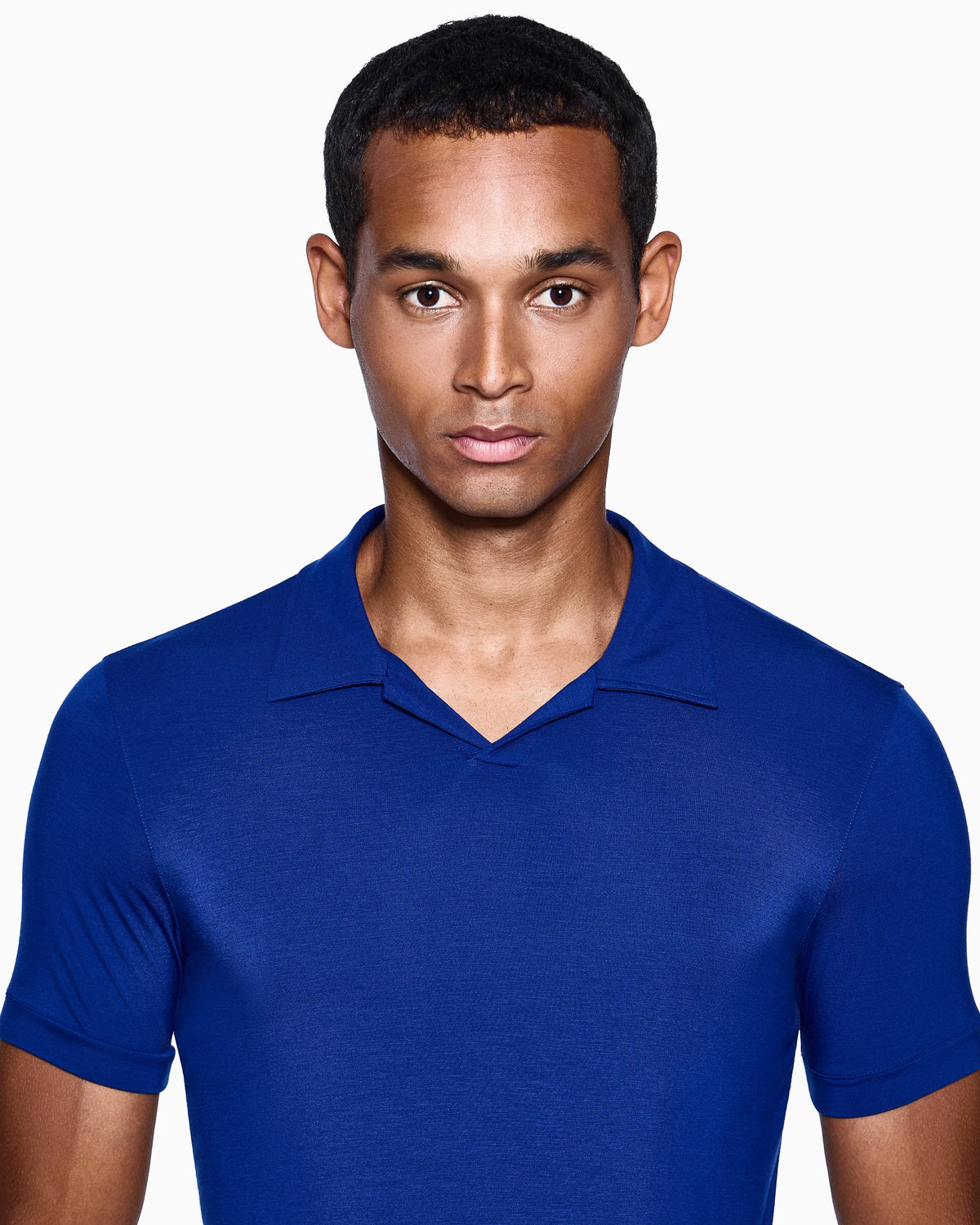 Stretch polo in viscose jersey with buttonless collar