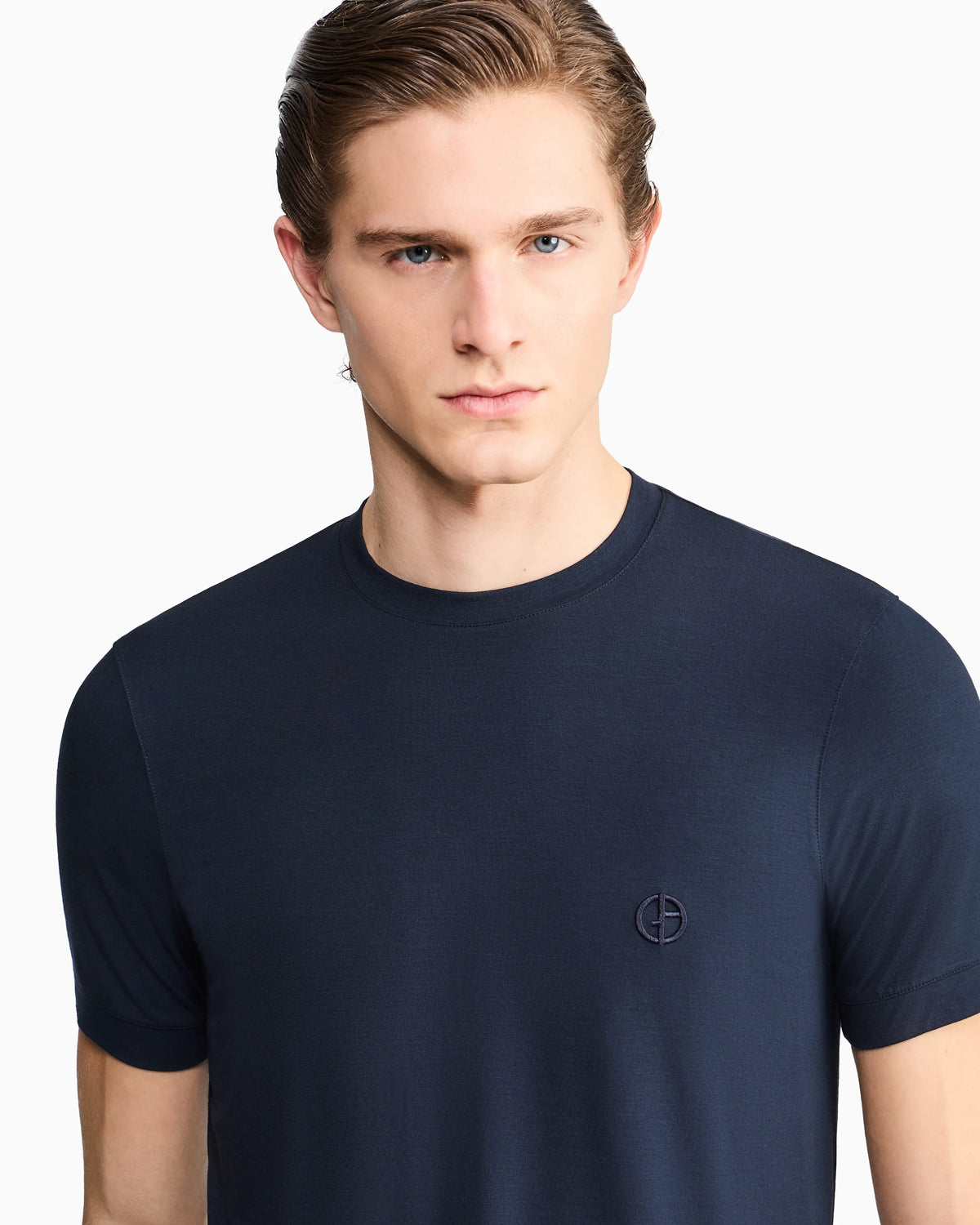 Crew-neck T-shirt in stretch viscose jersey with embroidery