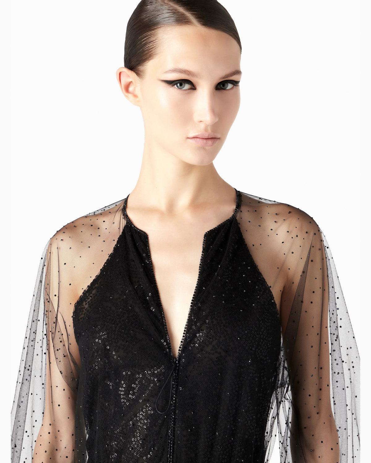 Silk and tulle long dress with all-over rhinestones