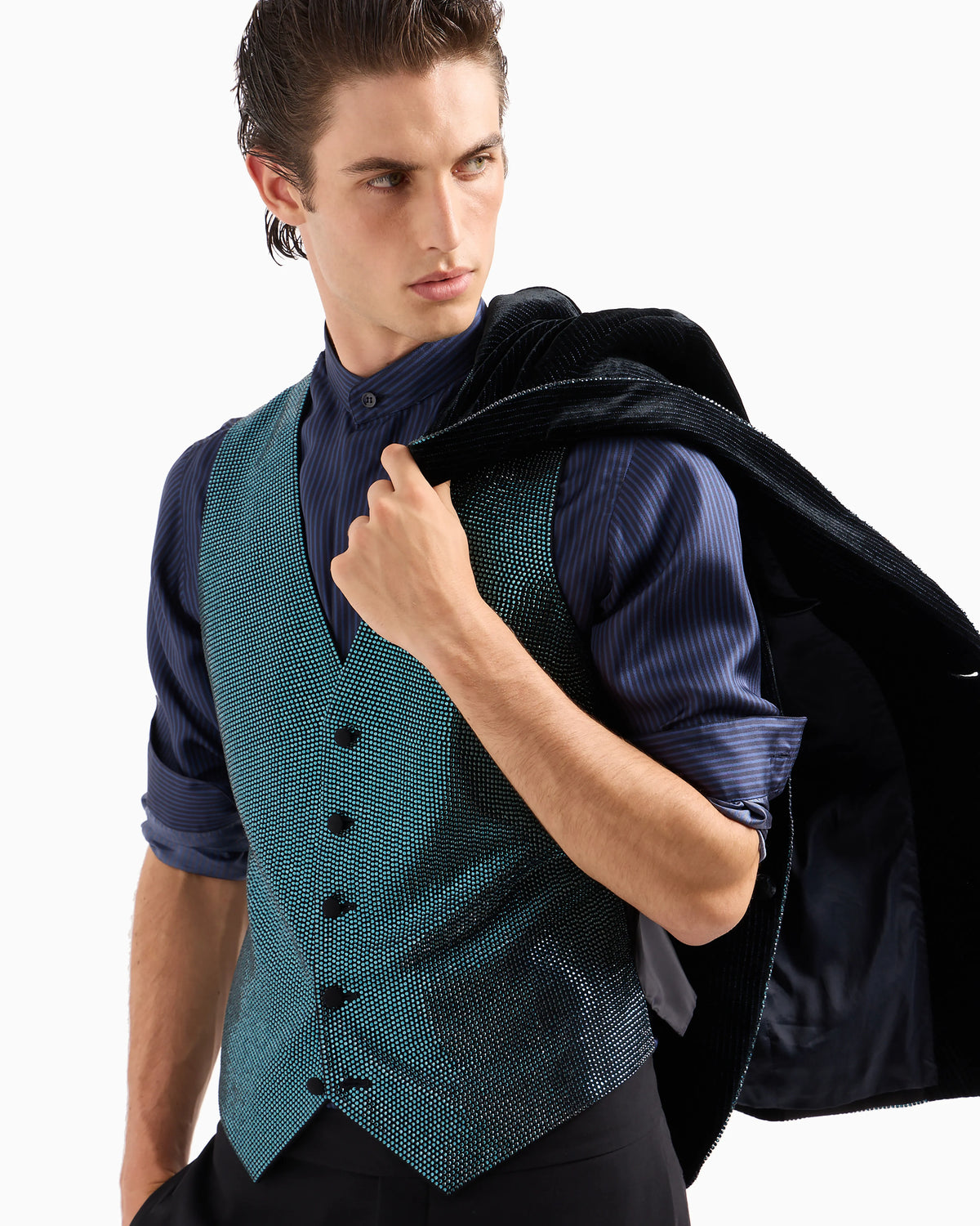 Single-breasted wool-crêpe waistcoat with rhinestone embroidery