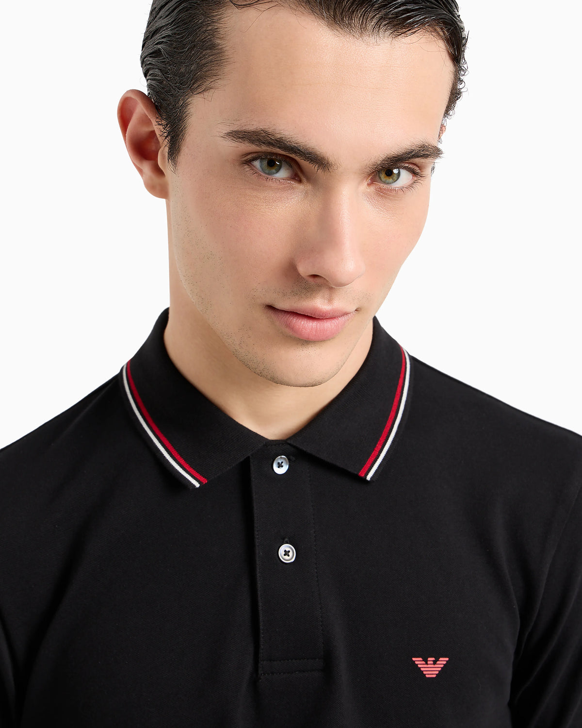 Long-sleeved stretch piqué polo shirt with micro eagle embroidery