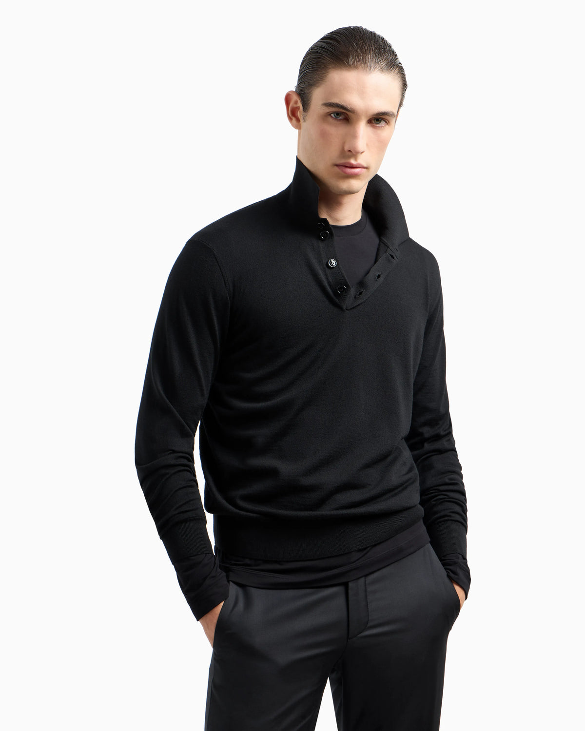 Long-sleeved polo shirt in virgin wool