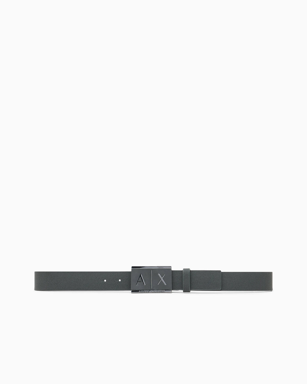 Textured leather belt with an embossed logo buckle