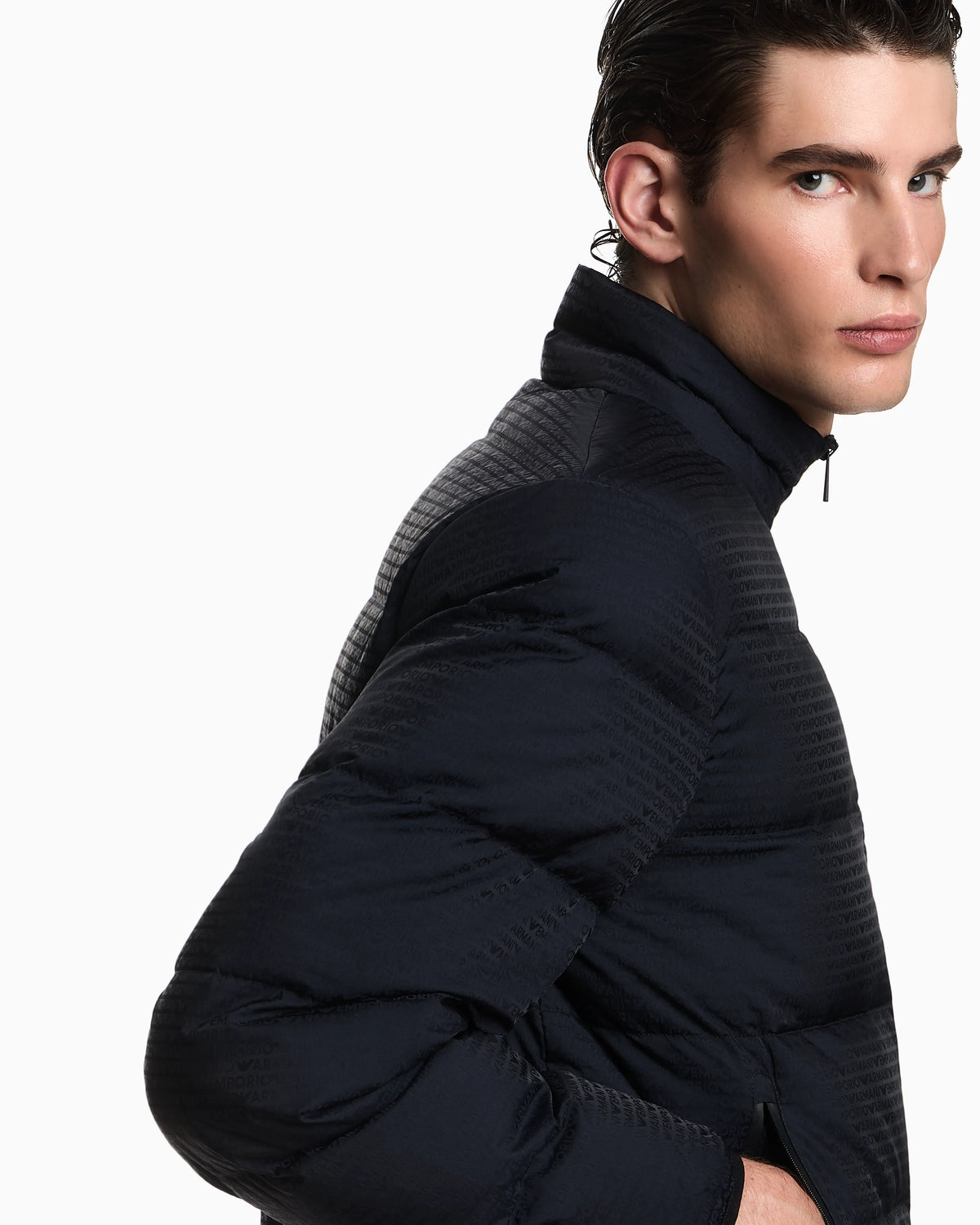 Water-repellent, quilted nylon down jacket with jacquard logo lettering