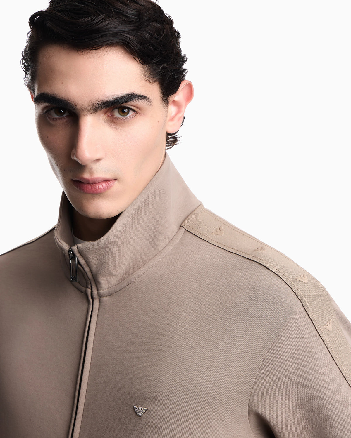 Full-zip sweatshirt in double jersey with micro-eagle band