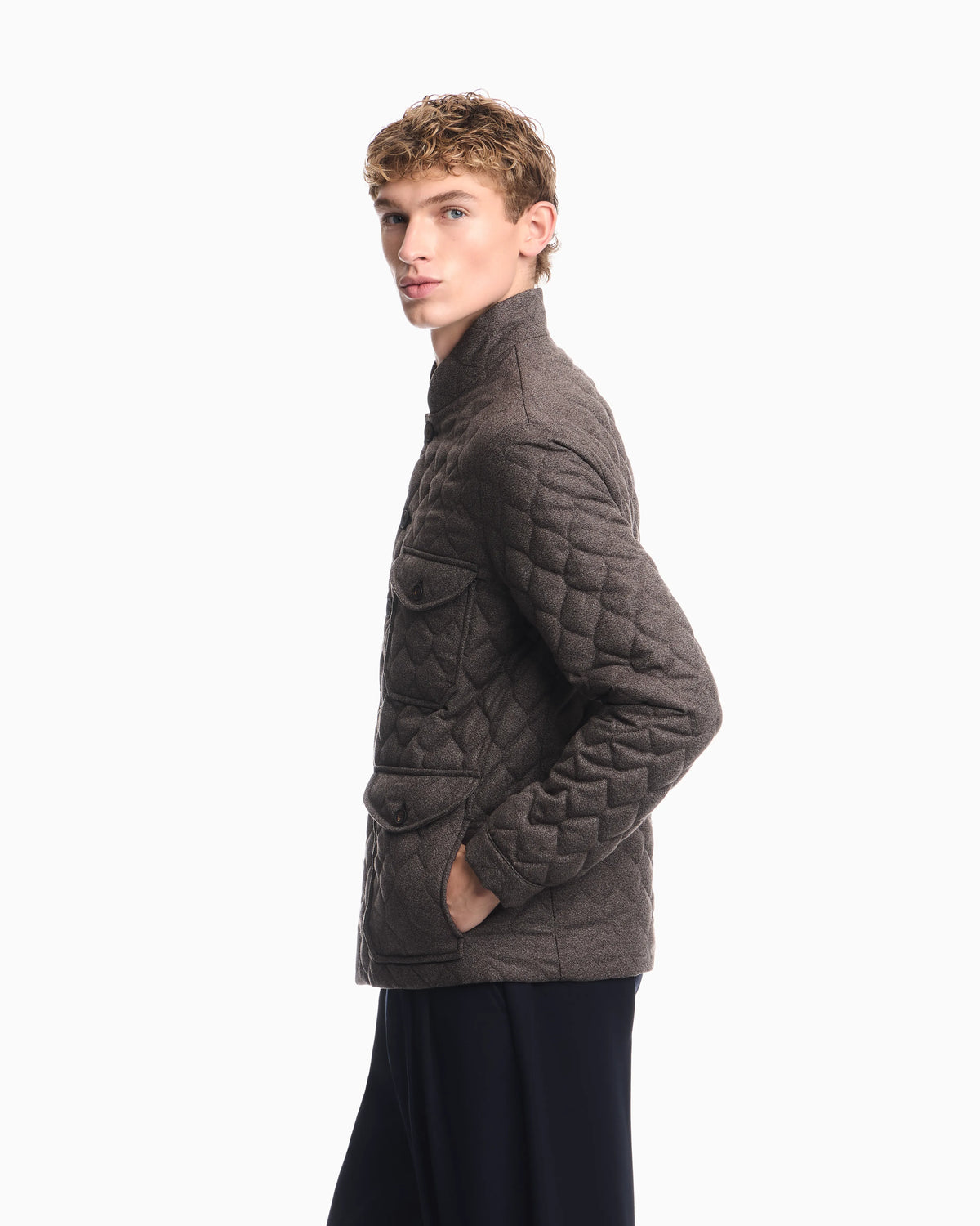 Blouson jacket in quilted virgin wool with stand up collar