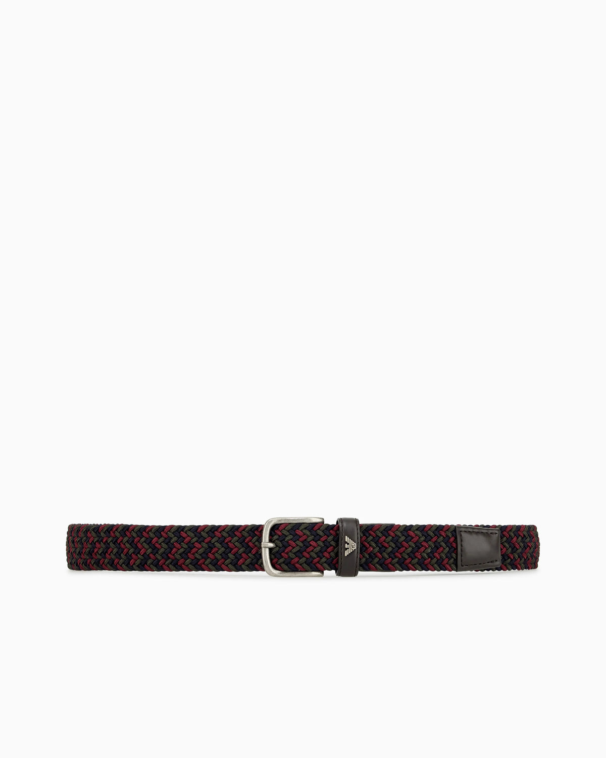 Braided tongue belt with a metal buckle and leather details