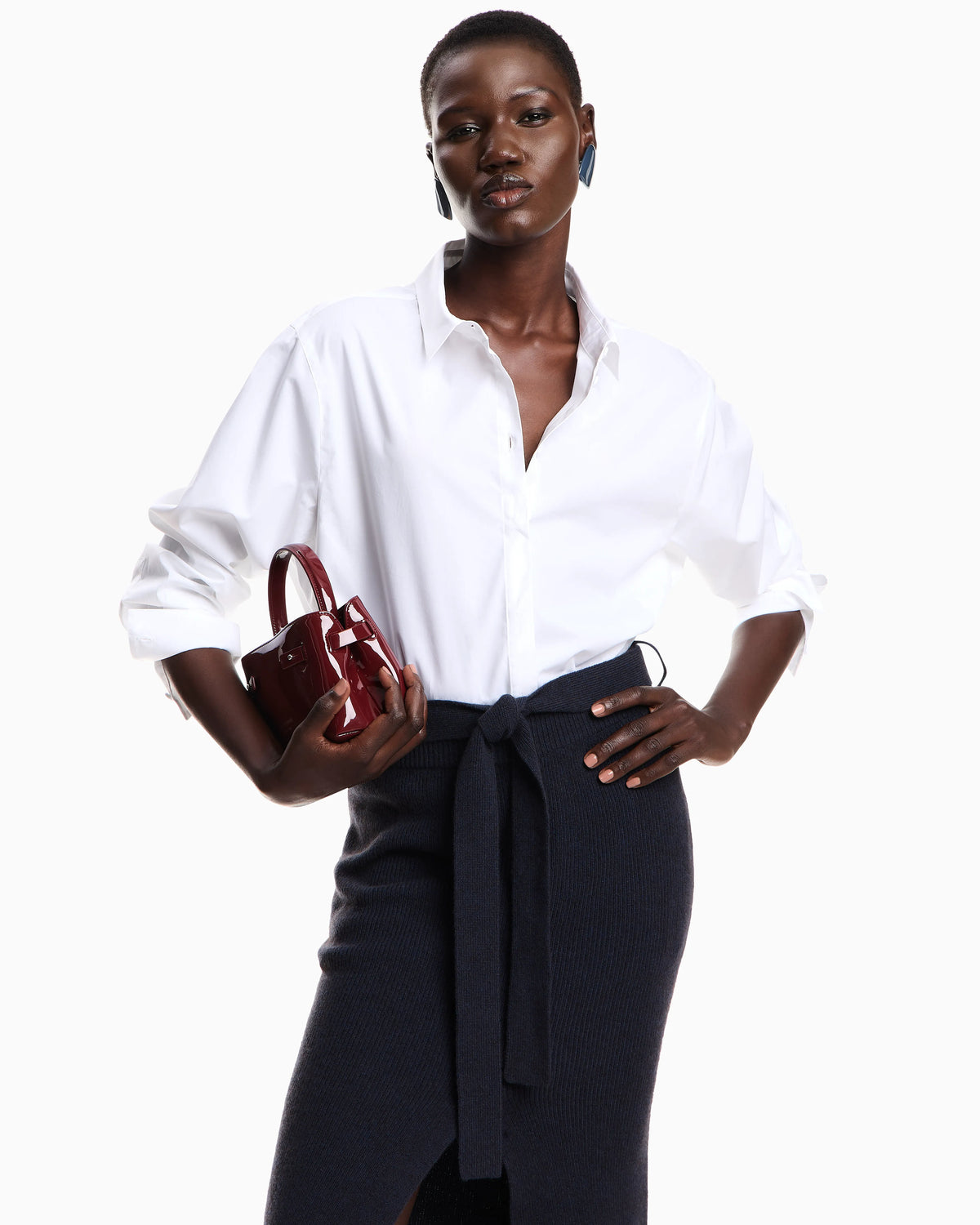 Wool long skirt with slit and belt