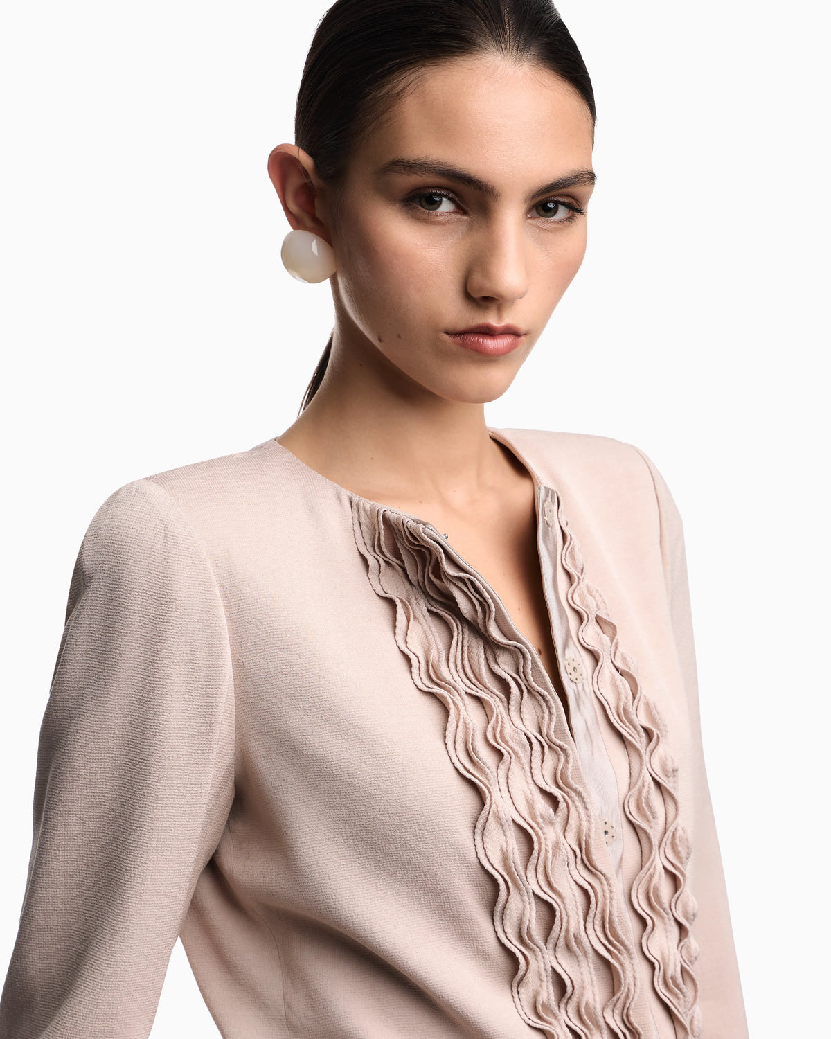 Armure fabric jacket with ruffles