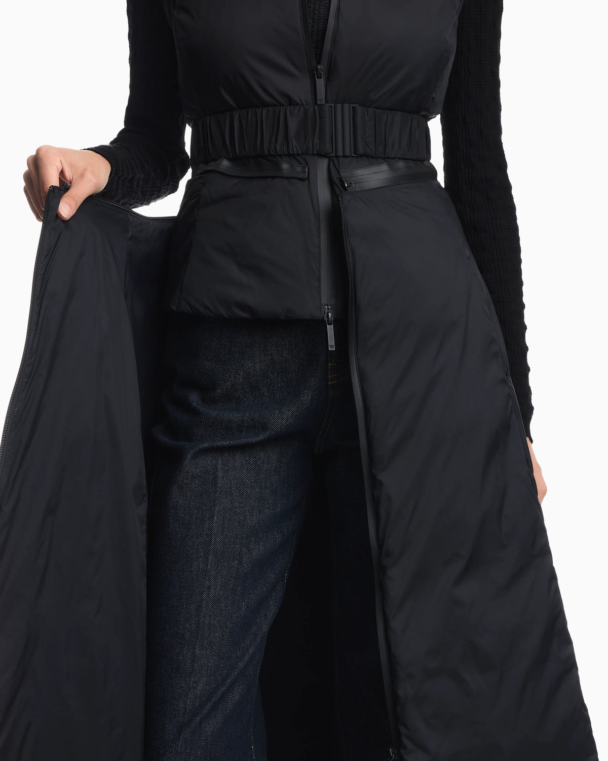 Long light nylon down jacket with a high collar