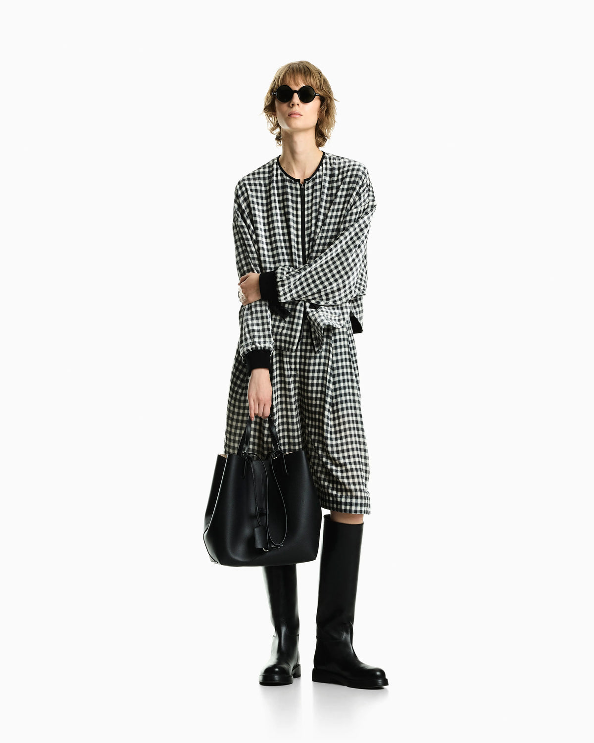 Leather knee-high boots with a round toe and low heel