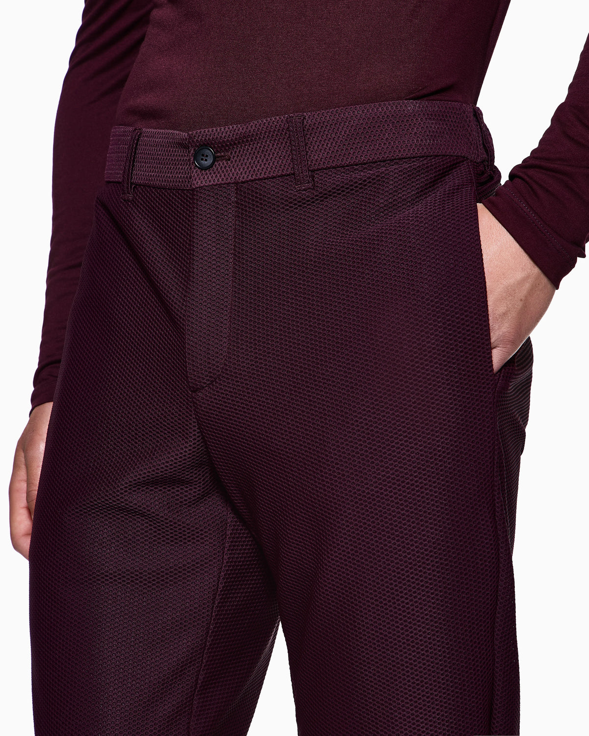 Flat front trousers in a technical gaufré honeycomb fabric