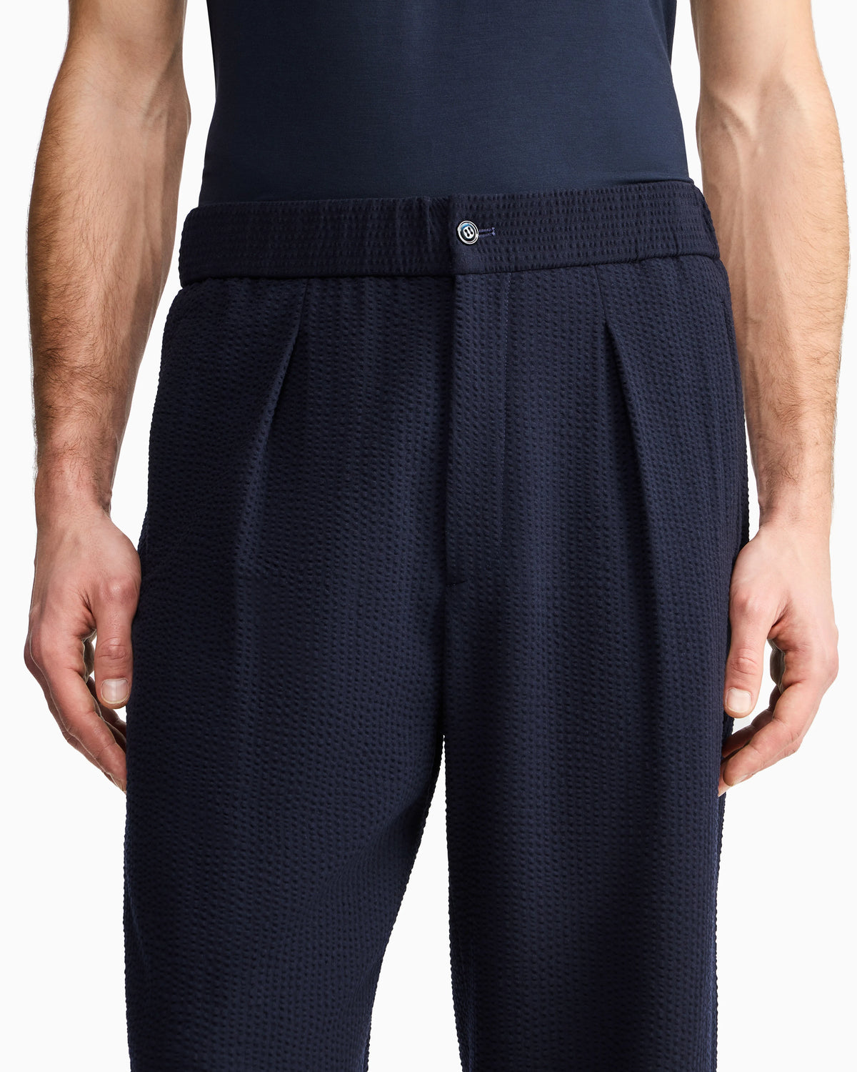 Single-pleat, virgin wool and cashmere seersucker trousers