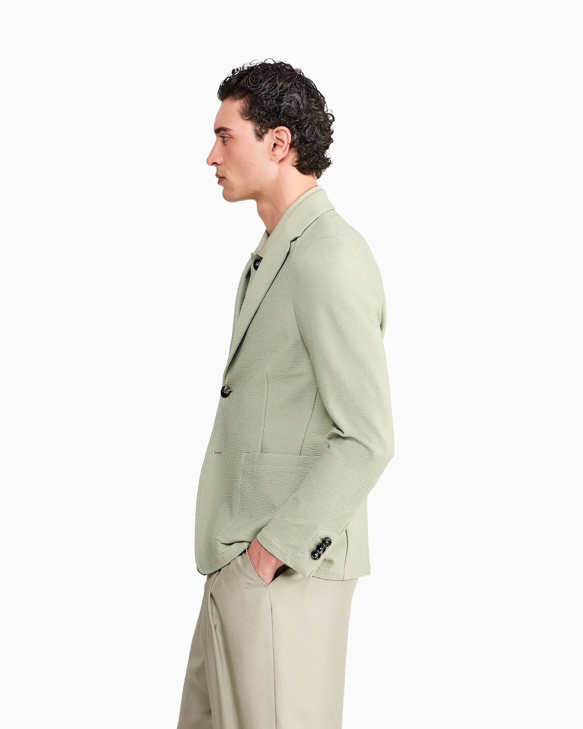 Single-breasted jacket in technical seersucker jersey with patch pockets