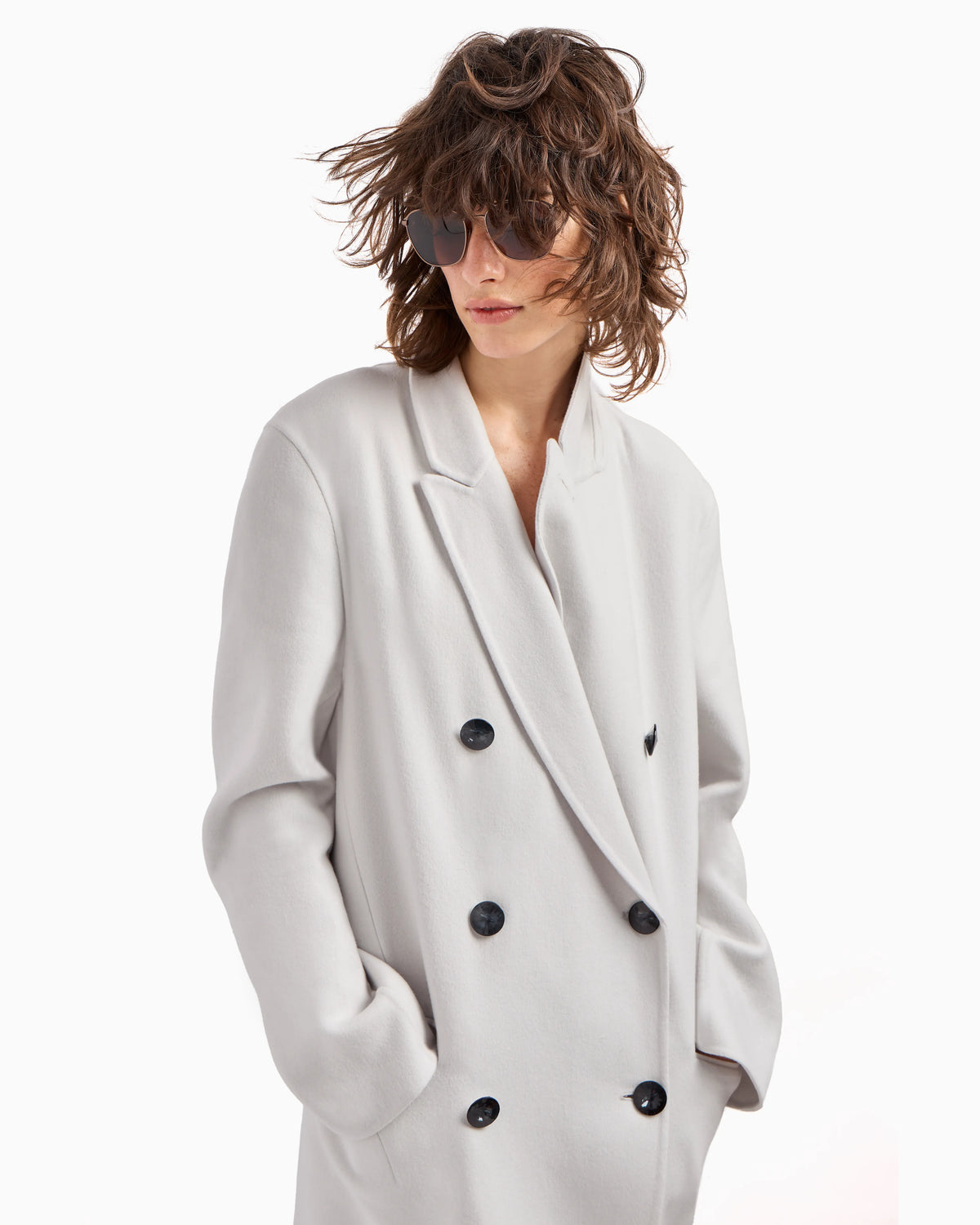Double-breasted long coat in double cashmere