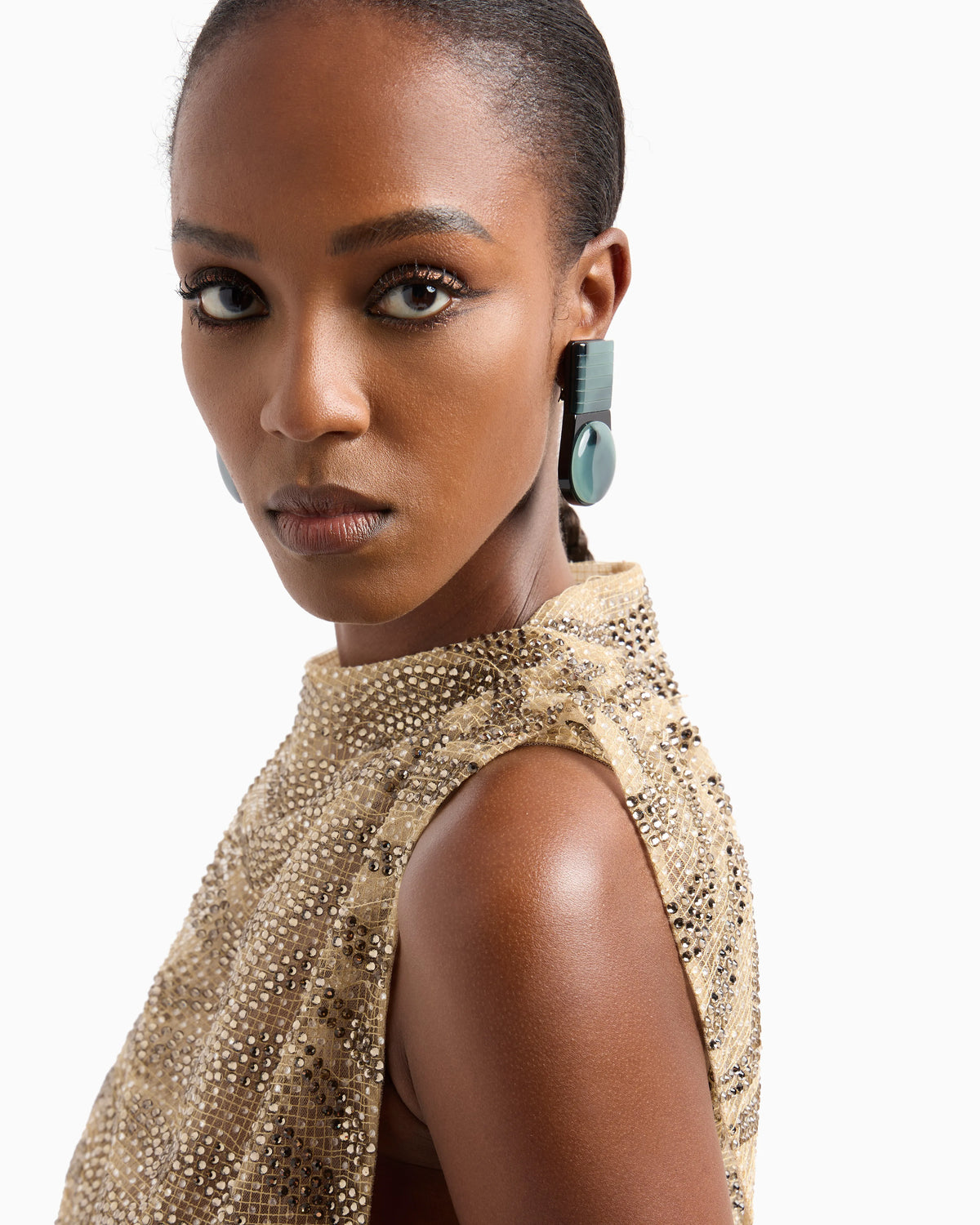 Mesh and lurex top with rhinestone embroidery