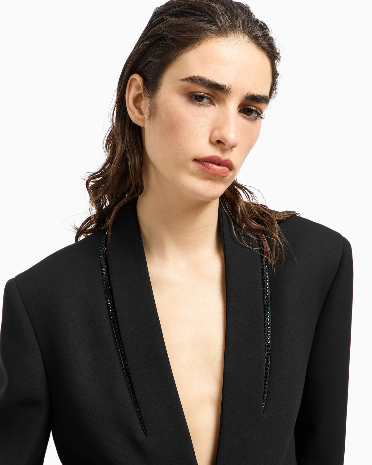 Single-breasted jacket in silk with rhinestones