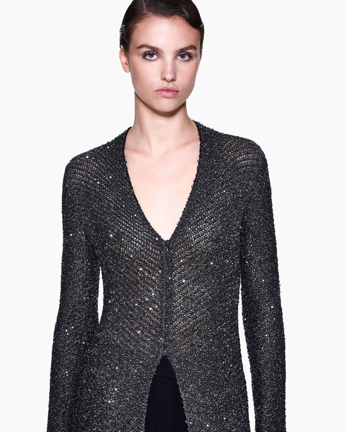 Long cardigan in a viscose and lurex knit with sequins