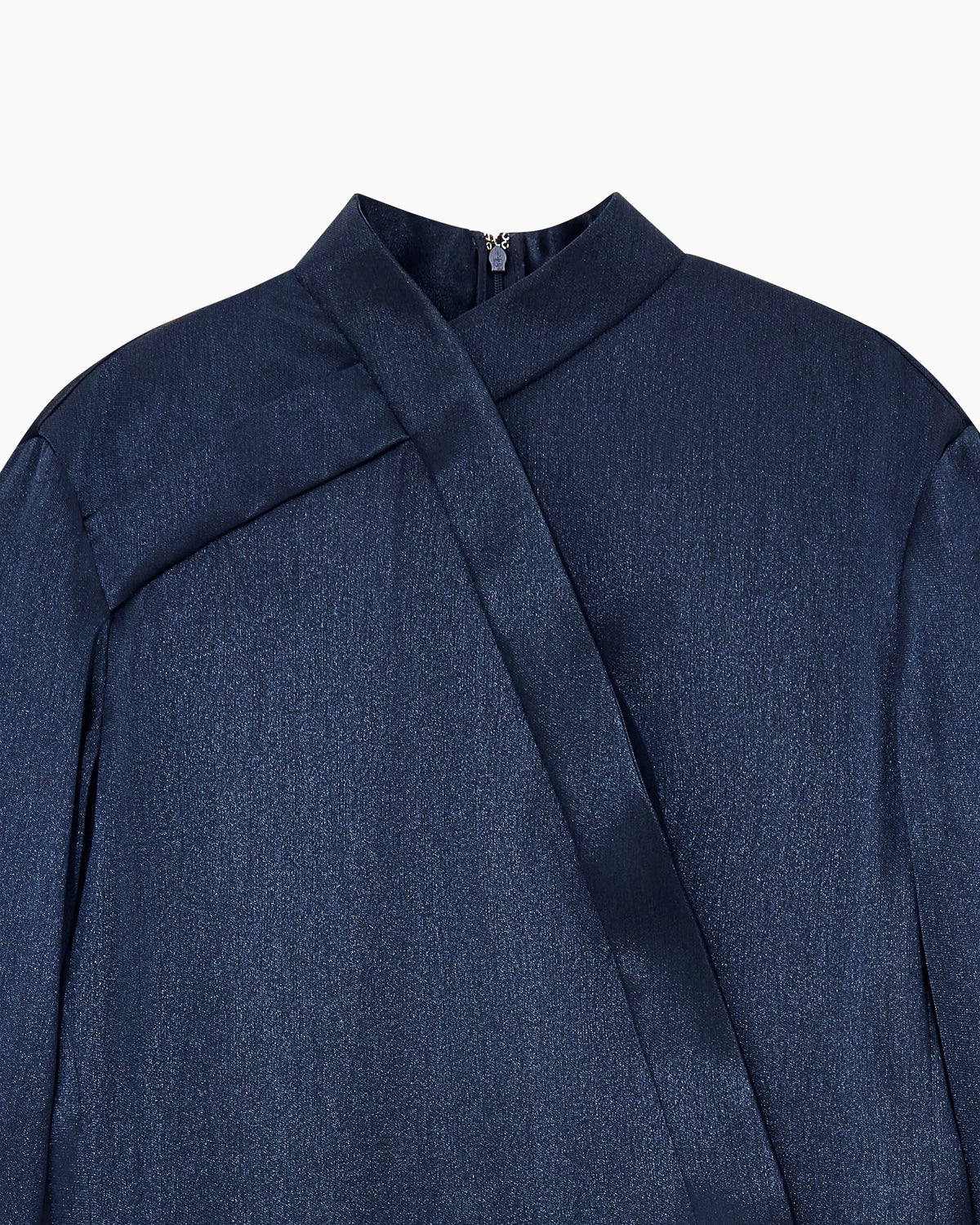 Silk lamé dress with high neck and asymmetric detail