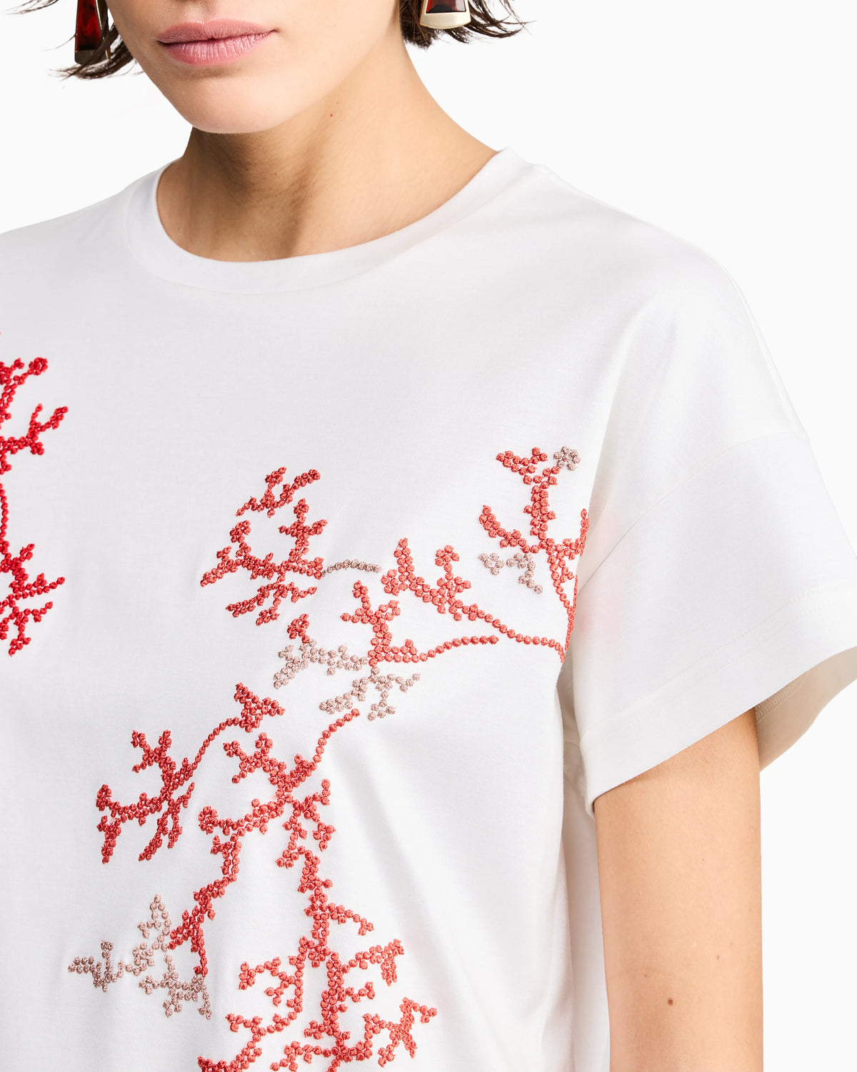 Silk and cotton interlock T-shirt with coral embroidery