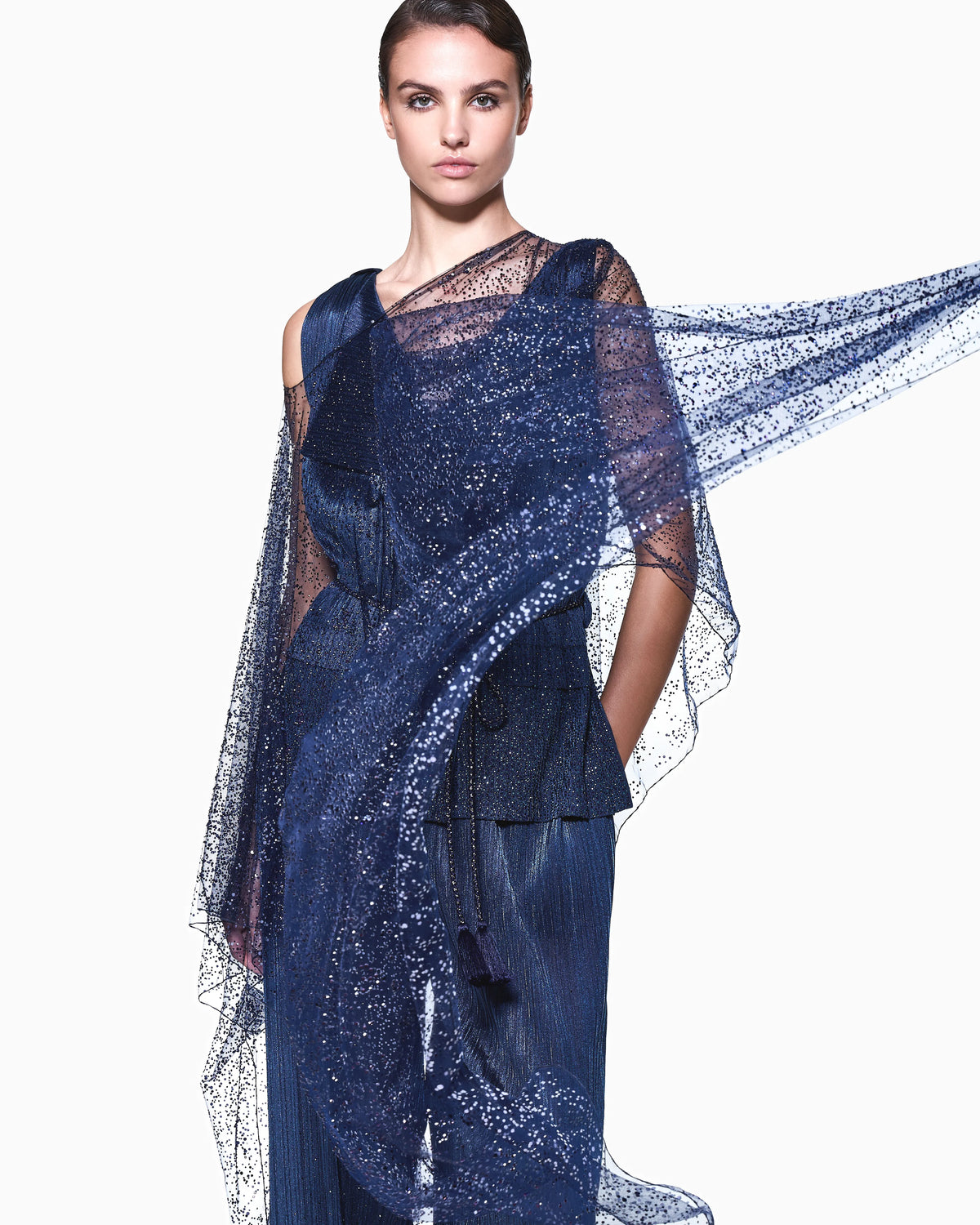 Double-breasted waistcoat in pleated jersey with rhinestones