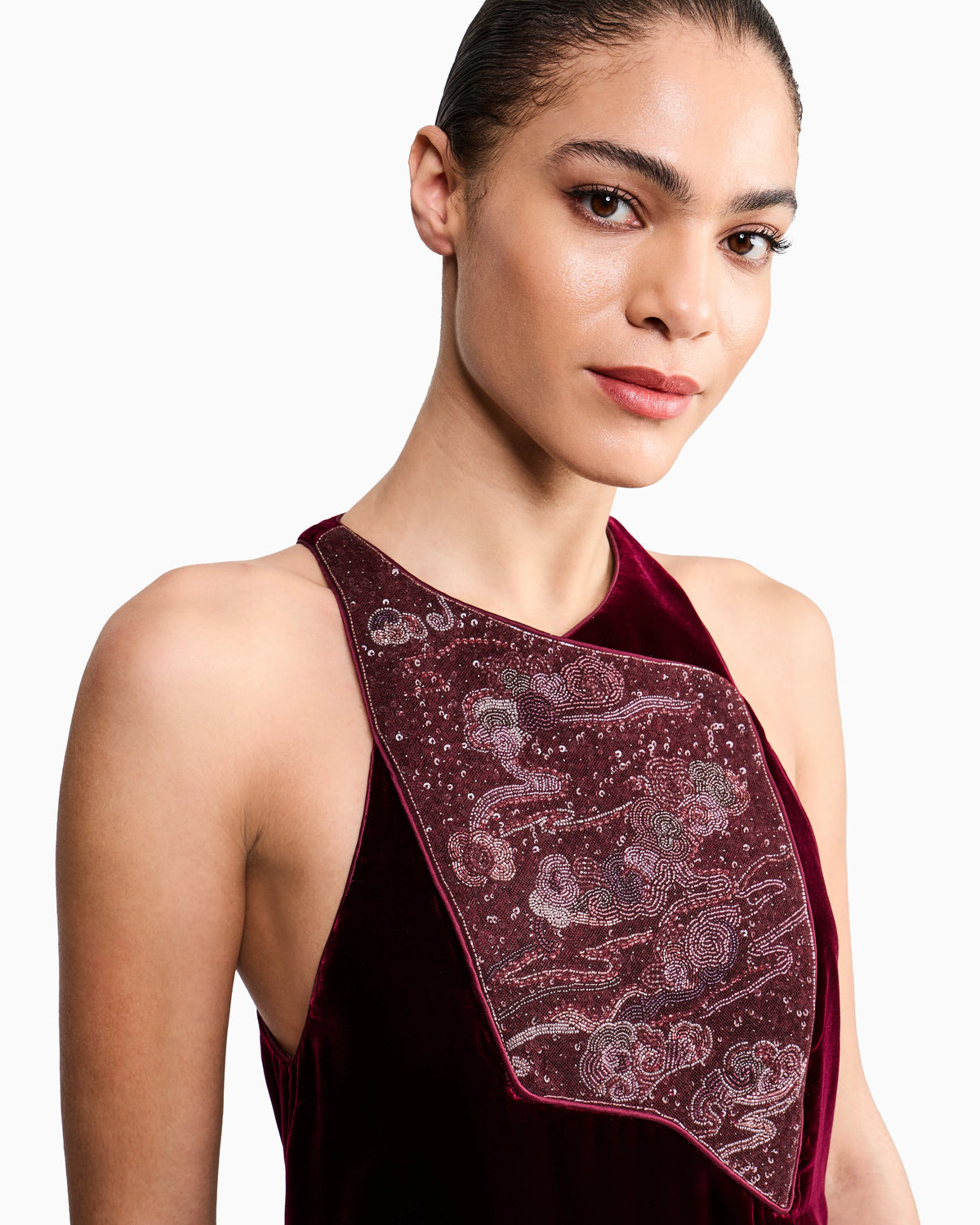 Embroidered Velvet Evening Dress with Beads and Sequins