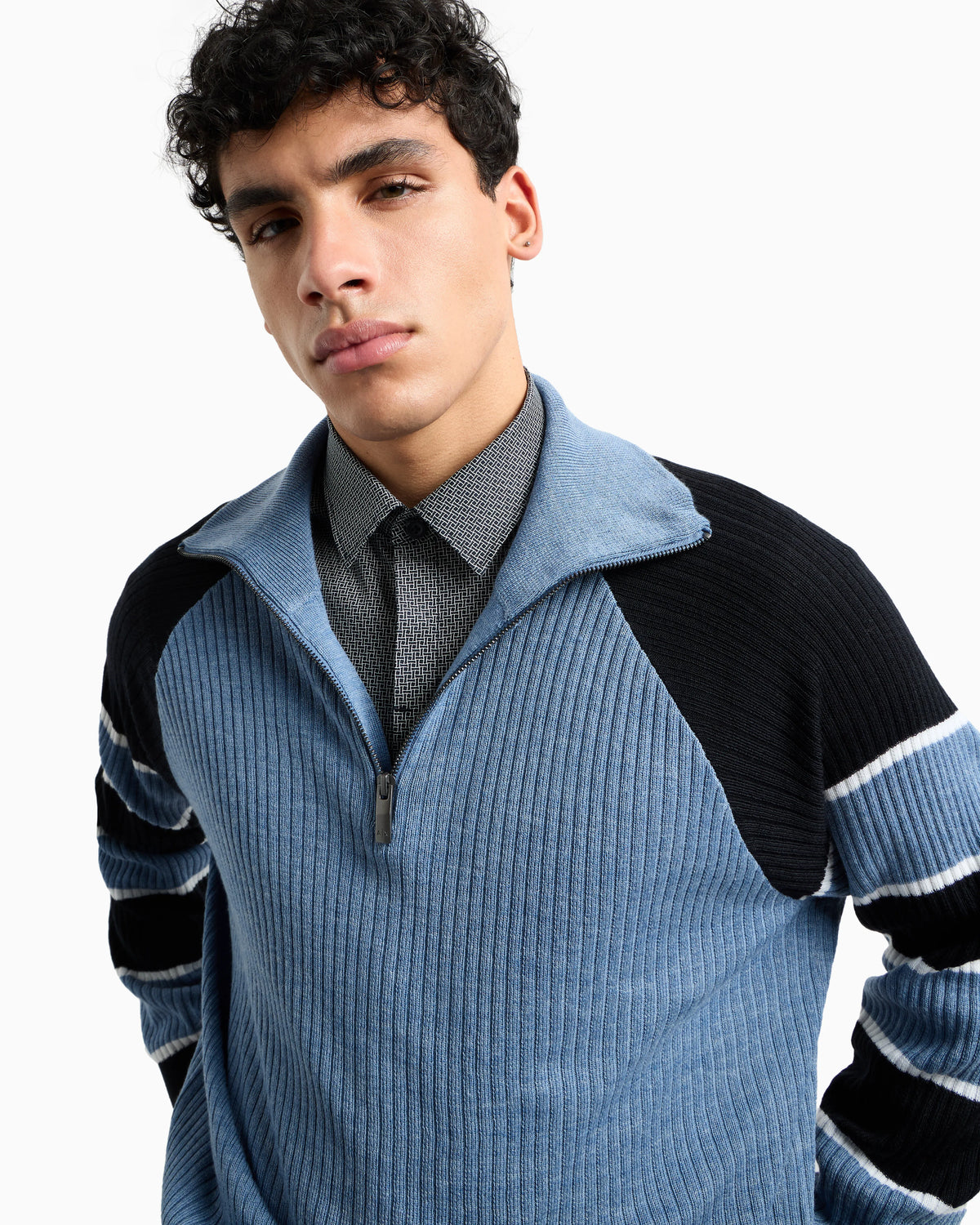 Zip-up sweater with striped sleeves
