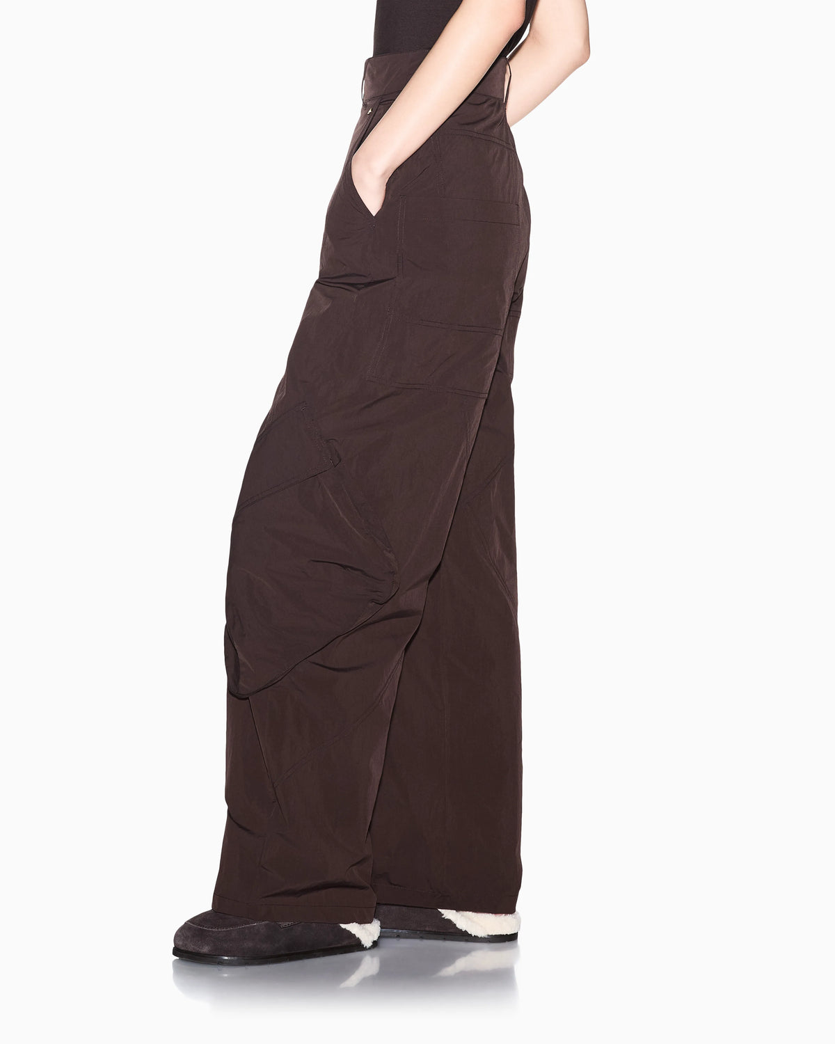Oversized trousers in crinkle nylon with down padding