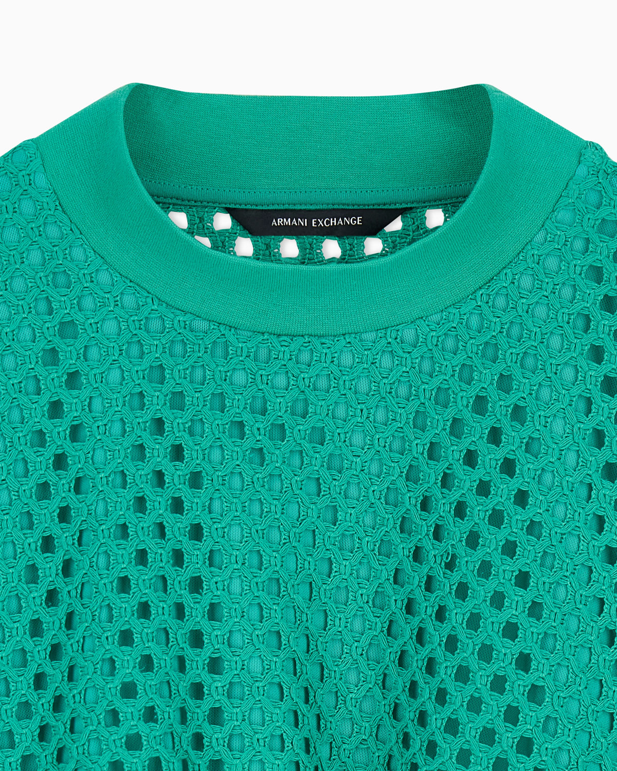 Cropped sweater in open-knit mesh with ribbed crew neckline