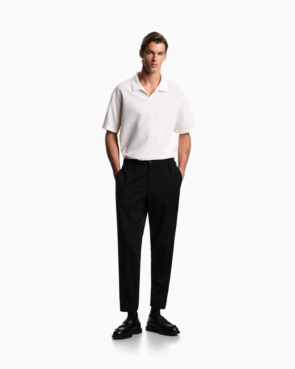 Natural stretch canvas trousers with elasticated cuffs