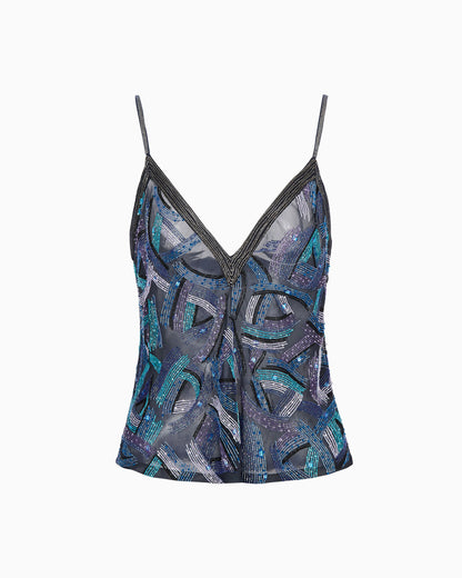 Embroidered silk organza V-neck top