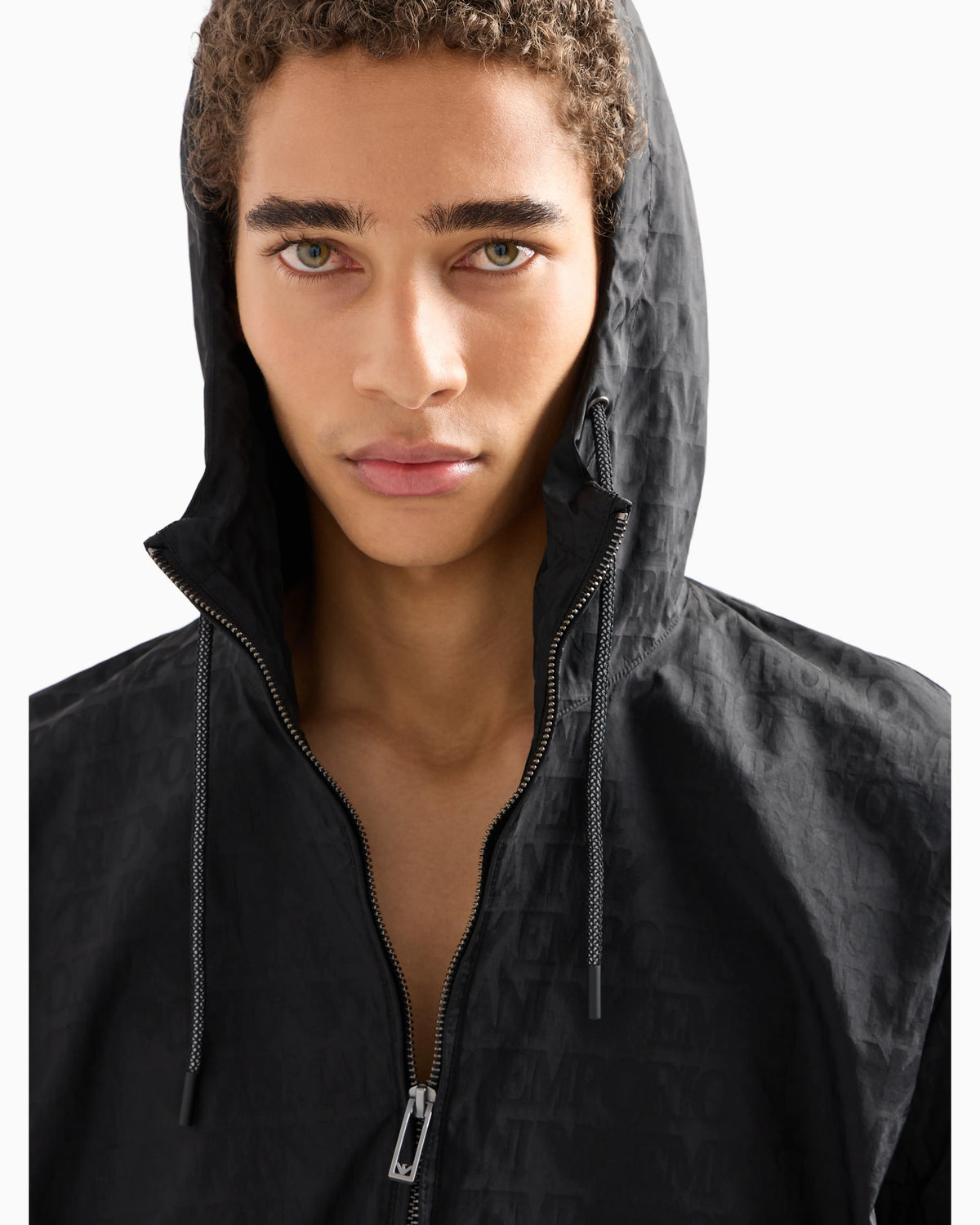 Lightweight nylon, hooded zip-up blouson with all-over jacquard lettering