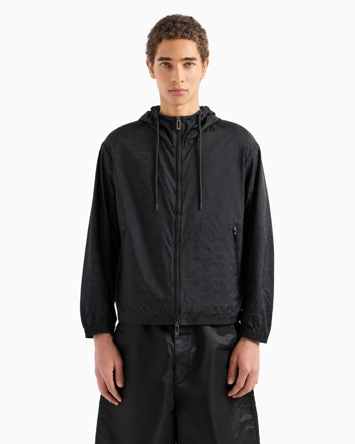 Lightweight nylon, hooded zip-up blouson with all-over jacquard lettering