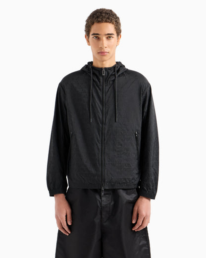 Lightweight nylon, hooded zip-up blouson with all-over jacquard lettering