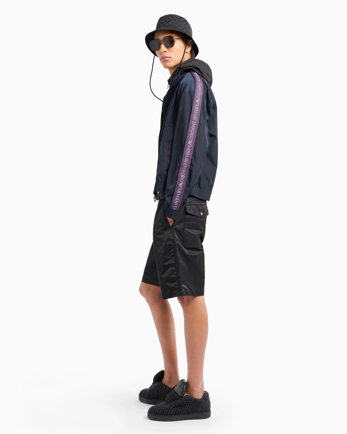 Lightweight nylon, hooded zip-up blouson with all-over jacquard lettering