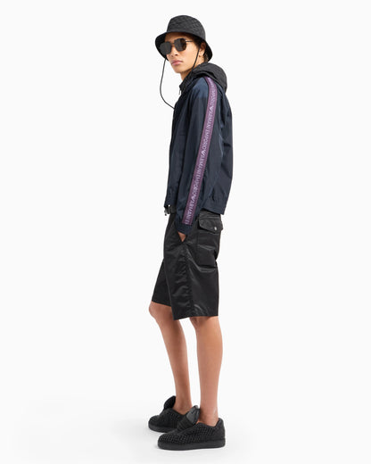 Lightweight nylon, hooded zip-up blouson with all-over jacquard lettering