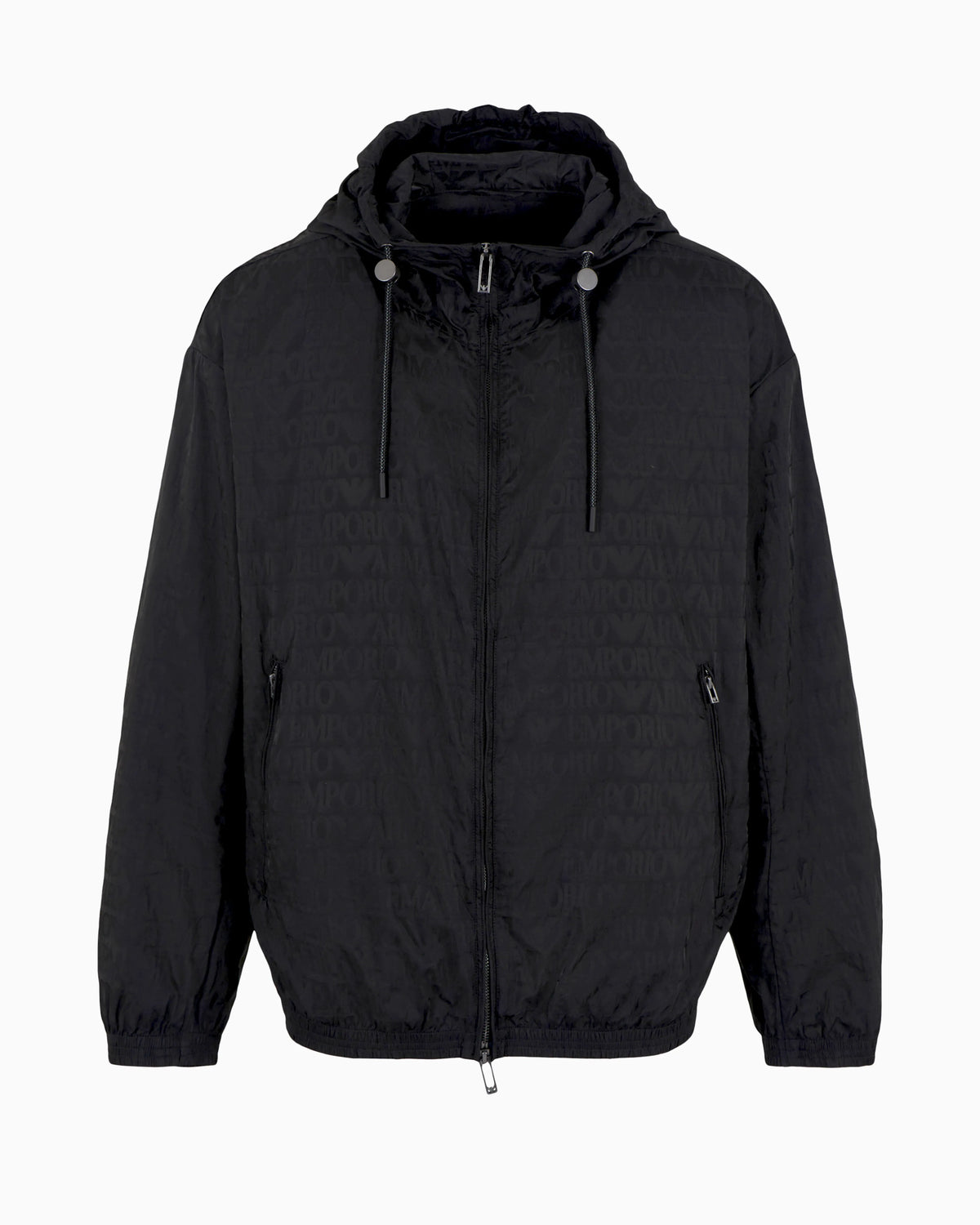 Lightweight nylon, hooded zip-up blouson with all-over jacquard lettering