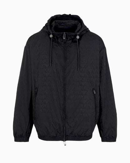 Lightweight nylon, hooded zip-up blouson with all-over jacquard lettering