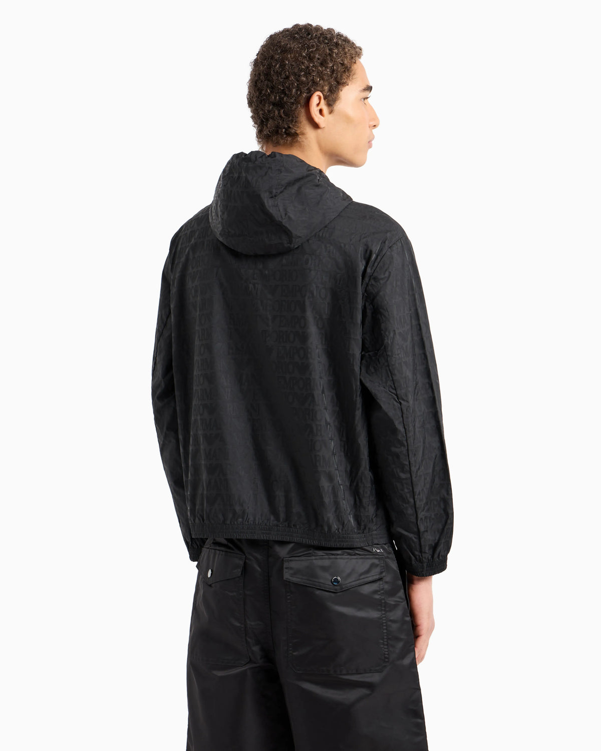 Lightweight nylon, hooded zip-up blouson with all-over jacquard lettering