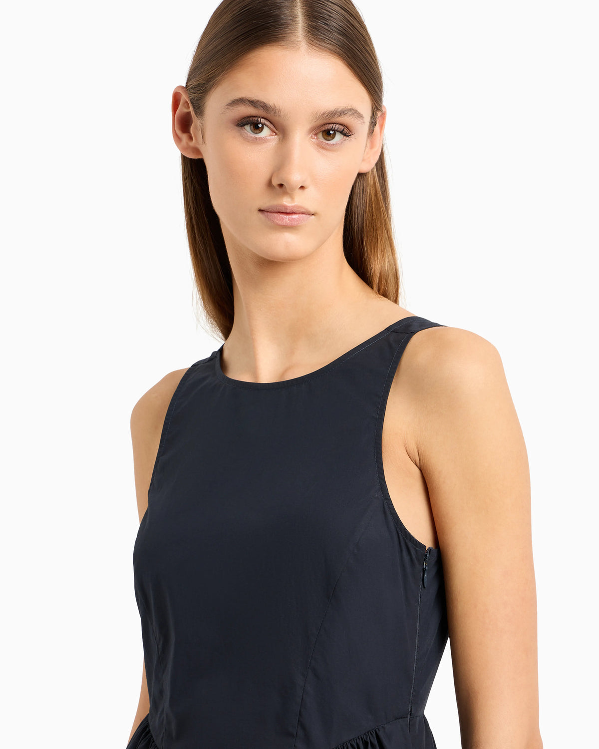 Long, full-skirted poplin dress with gathered waist