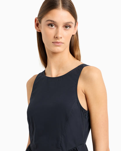 Long, full-skirted poplin dress with gathered waist