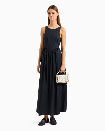 Long, full-skirted poplin dress with gathered waist
