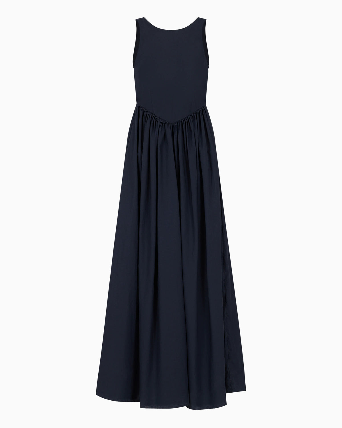 Long, full-skirted poplin dress with gathered waist