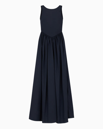Long, full-skirted poplin dress with gathered waist