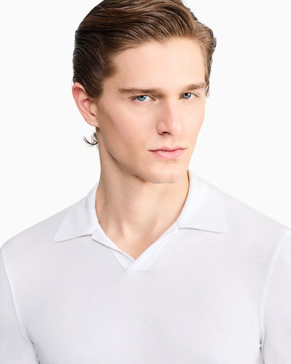 Stretch polo in viscose jersey with buttonless collar