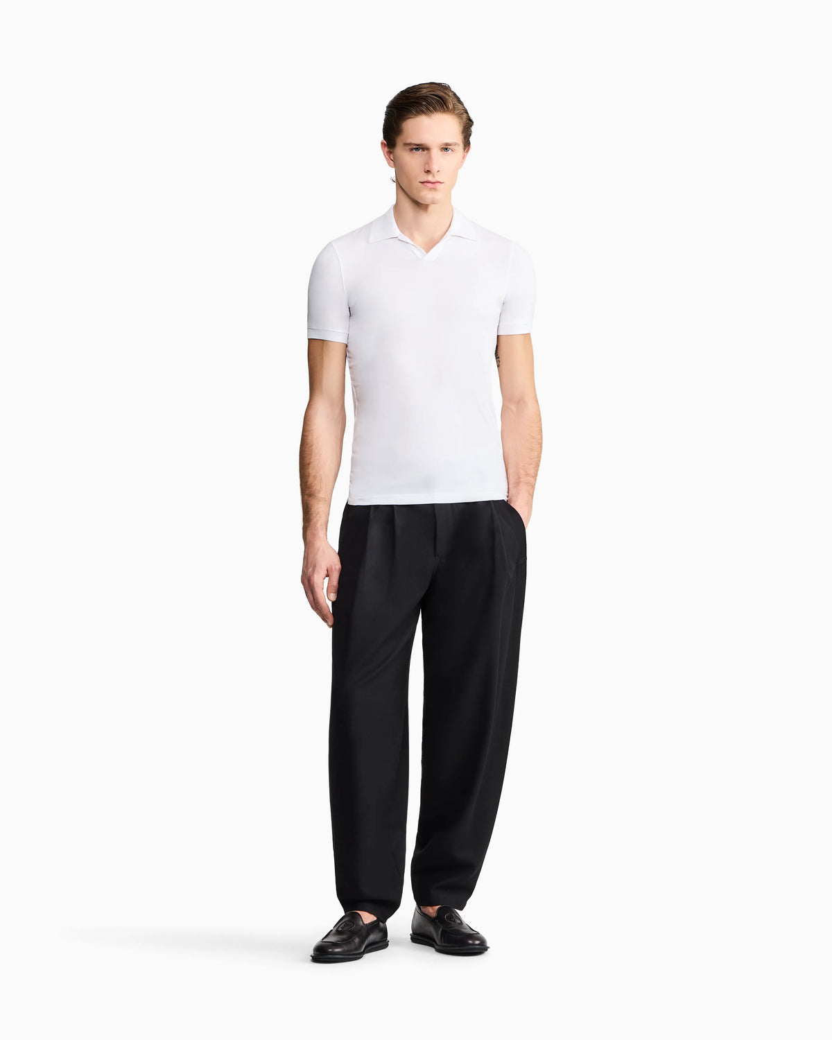 Stretch polo in viscose jersey with buttonless collar