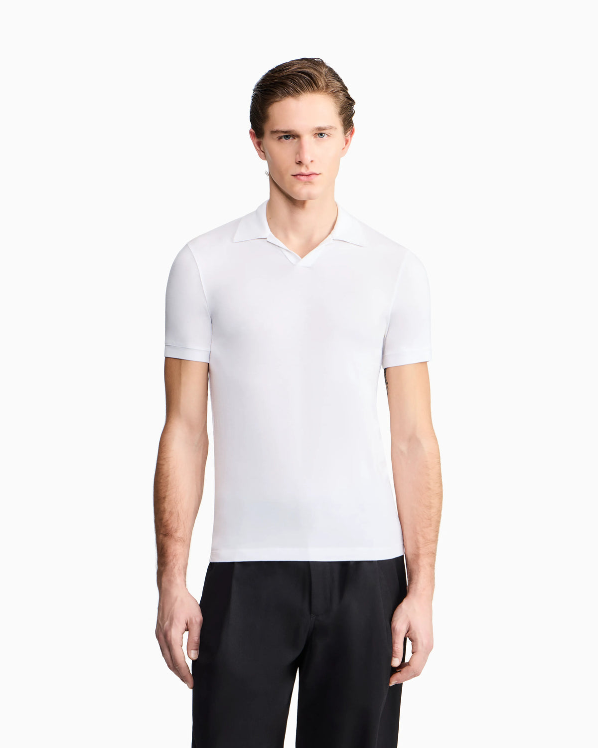 Stretch polo in viscose jersey with buttonless collar
