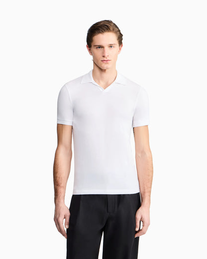 Stretch polo in viscose jersey with buttonless collar