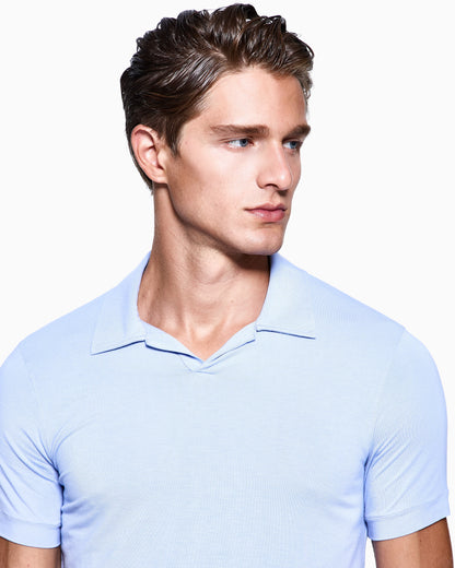 Stretch polo in viscose jersey with buttonless collar